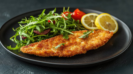A beautifully presented plate featuring crispy fried fish, accompanied by a fresh salad and vibrant lemon slices, perfect for a delightful meal.の素材