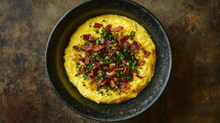 A delicious bowl of creamy polenta topped with crispy bacon and fresh chives. Perfect for any meal, this dish adds comfort and flavor to your table.の素材