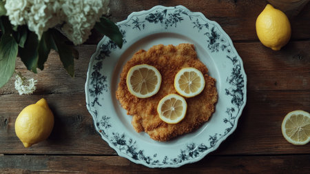 A beautifully presented crispy chicken cutlet garnished with fresh lemon slices, set on an elegant plate. Perfect for culinary inspiration and meal ideas.の素材
