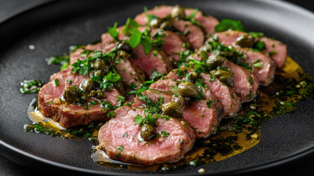 A beautifully plated dish featuring savory marinated meat slices garnished with herbs and capers, drizzled with a flavorful sauce, ideal for gourmet dining.の素材