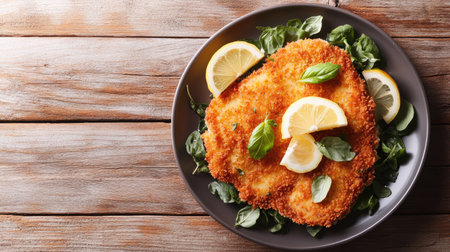 A delectable serving of crispy fried chicken garnished with fresh lemon slices and basil on a bed of greens, perfect for any meal.の素材