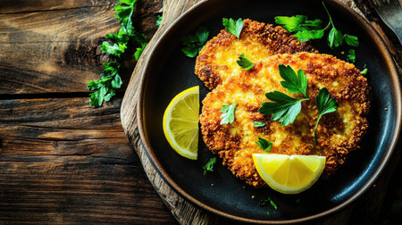 Enjoy a beautifully presented plate of crispy breaded chicken garnished with fresh herbs and lemon, perfect for a delightful meal experience.の素材
