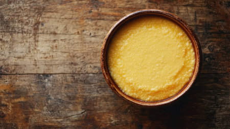 A delicious bowl of creamy polenta sits on a rustic wooden table, showcasing vibrant yellow texture. Perfect for various dishes and gourmet meals.の素材