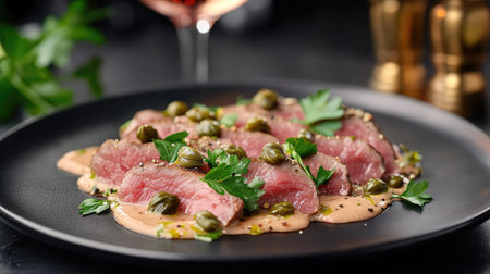 This stunning beef carpaccio showcases tender meat, complemented by fresh herbs and capers, creating an elegant dish perfect for fine dining.の素材