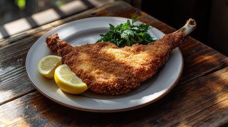 A beautifully plated crispy fried fish fillet served with fresh lemon slices and vibrant greens. Perfect for showcasing delicious home-cooked meals.の素材