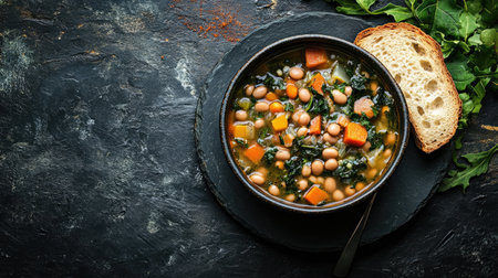 A vibrant bowl of healthy vegetable soup featuring beans, kale, and pumpkin, accompanied by a slice of rustic bread on a dark surface. Perfect for a cozy meal!の素材