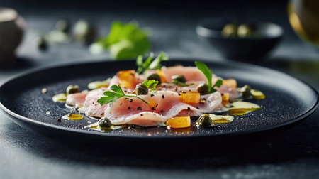 Exquisite presentation of fresh salmon slices garnished with herbs and capers, drizzled with olive oil, showcasing culinary artistry and elegance.の素材