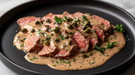 A plate of tender steak drizzled with a rich creamy sauce and garnished with herbs, creating an appetizing and gourmet dining experience.の素材