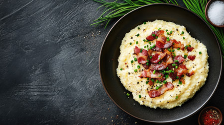 A bowl of creamy grits topped with crispy bacon and fresh chives, showcasing delicious comfort food perfect for breakfast or brunch gatherings.の素材