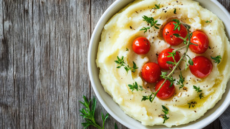 A delightful bowl of creamy mashed potatoes topped with fresh cherry tomatoes and herbs, presenting a rustic yet elegant look for your culinary projects.の素材