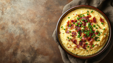 A warm and inviting bowl of creamy polenta topped with crispy bacon and fresh chives, perfect for a cozy meal or gourmet dining experience.の素材