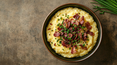 This image features creamy polenta topped with crispy bacon and fresh chives, serving as a delicious and comforting dish perfect for any meal.の素材