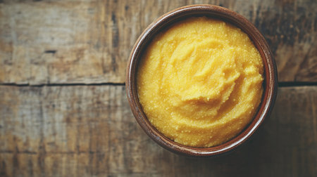 A top view of creamy mustard in a rustic wooden bowl, showcasing vibrant yellow color and smooth texture, perfect for culinary uses and gourmet dishes.の素材