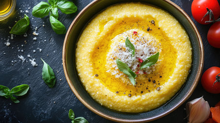 A vibrant bowl of creamy polenta drizzled with olive oil, garnished with fresh basil and cheese. Perfect for culinary inspiration and food styling.の素材