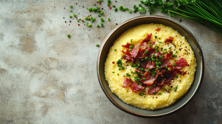 A bowl of creamy polenta topped with crispy bacon and fresh chives, offering a delicious and savory meal. Perfect for any occasion or cuisine.の素材