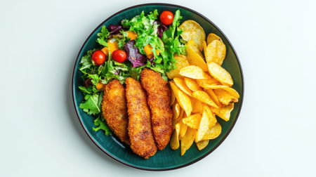 A delicious arrangement of crispy chicken tenders served with a fresh salad and golden potato chips. Perfect for lunch or dinner moments.の素材