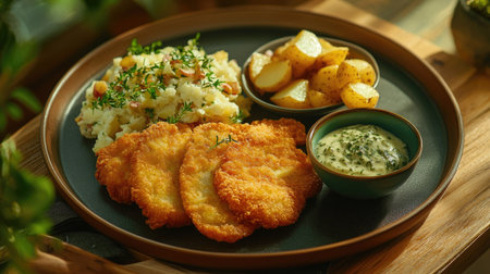 A beautifully presented plate featuring crispy fried fish with creamy sauce, seasoned potatoes, and a side of herb-infused mashed potatoes, perfect for any meal.の素材