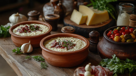 Experience the warmth of a rustic table setting showcasing traditional cuisine, featuring bowls of creamy food garnished with fresh herbs and ingredients.の素材