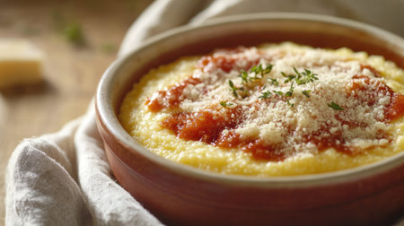 A bowl of creamy polenta topped with rich tomato sauce and herbs, perfect for a comforting meal. Ideal for culinary and food photography.の素材