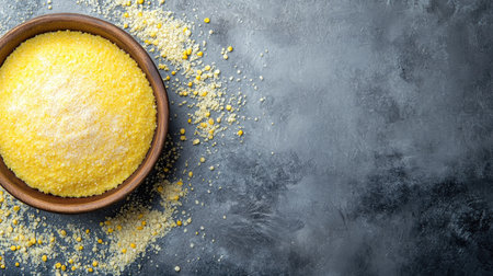 A vibrant bowl filled with yellow grain sits on a dark textured surface, showcasing a perfect kitchen ingredient for various culinary creations. Ideal for food-related projects.の素材