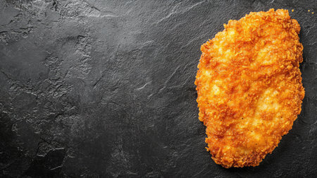 A single crispy fried chicken piece rests on a black slate surface, showcasing its golden, crunchy texture. Perfect for highlighting comfort food and culinary delights.の素材
