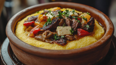 A hearty bowl of polenta topped with tender meat and vibrant vegetables, perfect for a warming meal. This rustic dish is ideal for gatherings.の素材