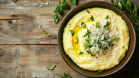 A delicious bowl of creamy polenta topped with fresh herbs and cheese. Perfect for a comforting meal, this dish embodies rustic charm and flavor.の素材