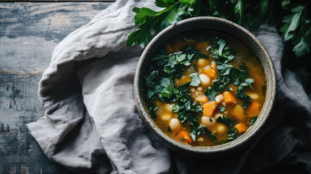 A delicious bowl of hearty vegetable soup featuring fresh herbs and greens. Perfect for comforting meals during chilly days, this dish is wholesome and vibrant.の素材