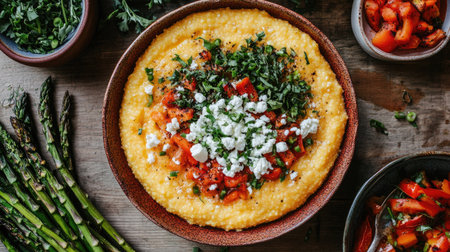 A delicious polenta bowl topped with fresh vegetables, herbs, and feta cheese, offering a vibrant and healthy meal option perfect for any occasion.の素材