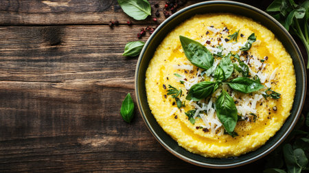 A delicious bowl of creamy polenta topped with fresh basil and cheese, beautifully garnished and perfect for a hearty meal or side dish.の素材