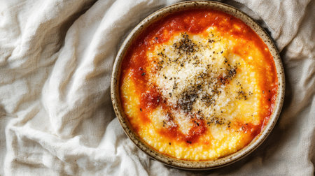 Indulge in a cozy bowl of creamy grits topped with rich tomato sauce and cheese, perfect for a hearty meal or comforting snack any time.の素材