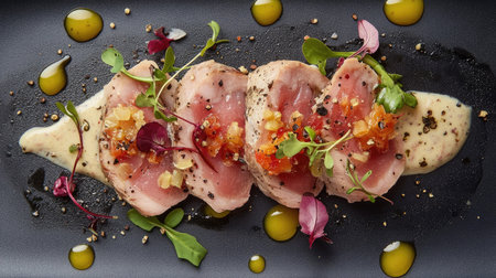 A gourmet dish featuring thinly sliced meat with vibrant sauces and fresh garnishes, beautifully arranged on a plate, perfect for culinary presentations.の素材