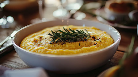 Savory creamy polenta garnished with fresh rosemary, perfect for a cozy meal. Ideal for showcasing rustic dining experiences and comforting cuisine.の素材