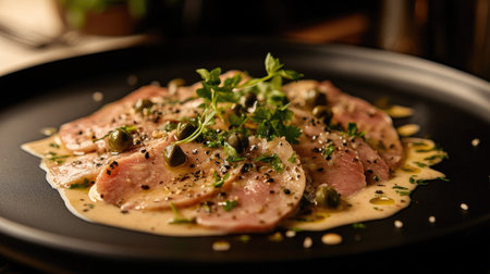 A beautifully arranged gourmet dish featuring tender slices of meat drizzled with a creamy sauce, garnished with herbs and capers for an exquisite presentation.の素材
