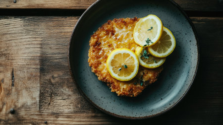 A crispy fried dish garnished with fresh lemon slices, beautifully presented on a rustic plate, perfect for culinary enthusiasts and food lovers.の素材