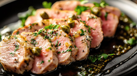 An enticing plate of grilled pork slices garnished with herbs and capers, showcasing a mouthwatering presentation perfect for culinary enthusiasts.の素材