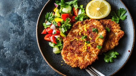 A delicious crispy fried cutlet served with a vibrant fresh salad and a slice of lemon, perfect for a healthy meal option or gourmet dining experience.の素材