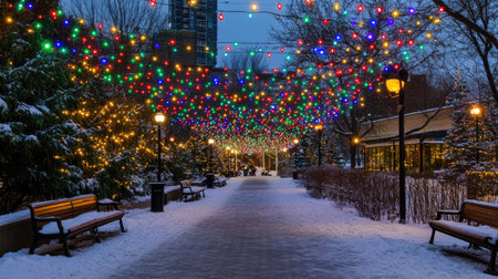 A serene winter pathway adorned with colorful lights, perfect for a magical holiday stroll. Enjoy the festive ambiance amidst snowy trees and benches.の素材