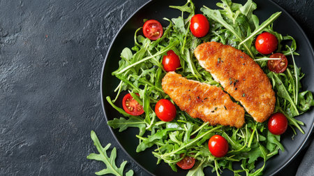 A mouthwatering dish featuring crispy chicken fillets served on a bed of fresh arugula and ripe cherry tomatoes. Perfect for a healthy meal option.の素材