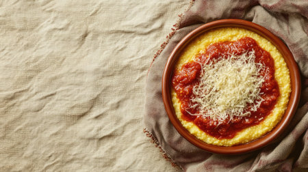 A delicious bowl of creamy polenta topped with rich tomato sauce and grated cheese. Perfect for a comforting meal warm from the kitchen.の素材