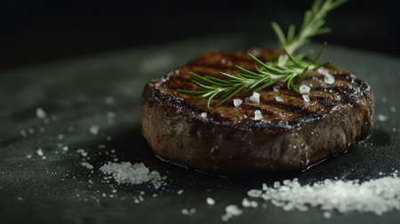 A beautifully grilled steak garnished with fresh rosemary and sea salt. This image captures the essence of gourmet cooking and culinary delights.の素材