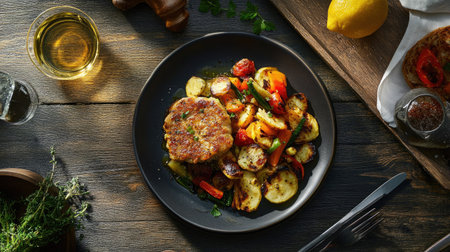 A vibrant plate showcasing grilled vegetables alongside a herb-infused patty. Perfect for conveying a healthy and delicious meal idea.の素材