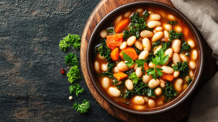 A rustic bowl filled with hearty vegetable and bean soup, featuring vibrant ingredients like carrots, kale, and parsley. Ideal for healthy meals.の素材