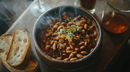 A steaming bowl of hearty beans garnished with fresh herbs, served with rustic bread. Perfect for a cozy dining experience or a nutritious meal.の素材