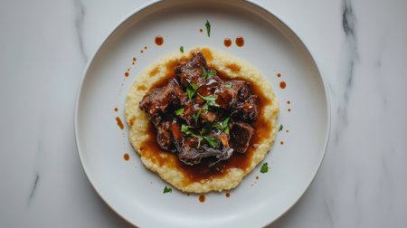 A sumptuous meat dish served on a bed of creamy grits, garnished with fresh herbs. This comforting meal is perfect for any occasion.の素材