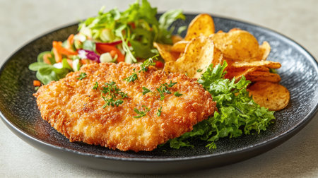 A delicious plate of crispy fried fish served with a fresh salad and crunchy chips, perfect for any meal. Enjoy this appetizing culinary delight!の素材