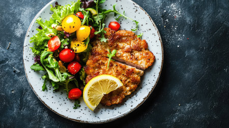 A beautifully plated dish featuring crispy chicken alongside a fresh garden salad adorned with cherry tomatoes and a slice of lemon. Perfect for healthy meals.の素材