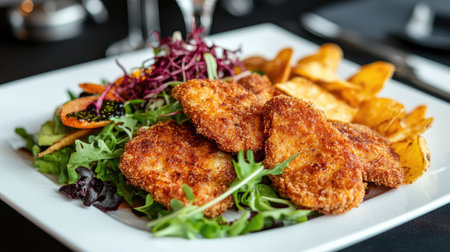 A beautifully presented plate featuring crispy chicken, fresh greens, and savory chips. This dish showcases vibrant colors and textures, perfect for any dining occasion.の素材