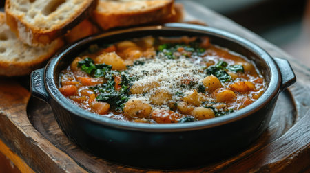 A delicious and hearty vegetable stew served in a black bowl, garnished with cheese. Accompanied by fresh bread slices, this dish is perfect for a comforting meal.の素材
