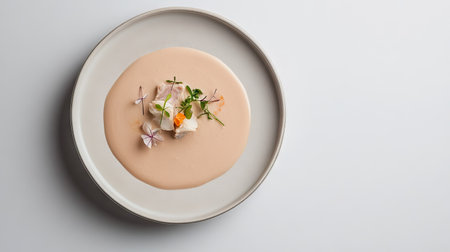 A beautifully presented gourmet dish on a minimalist plate, featuring fresh ingredients and vibrant decor. Ideal for culinary photography and artistic food design.の素材